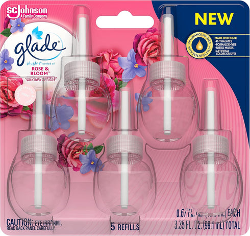 Glade PlugIns Refills Air Freshener, Scented and Essential Oils for Home and Bathroom, Rose & Bloom, 3.35 Fl Oz, 5 Count...