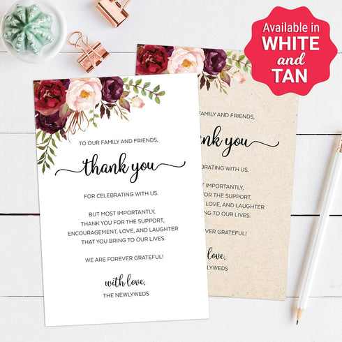 321Done Thank You Placecards for Wedding (Set of 50) Large 4" x 6" Table Place Setting Cards - Made in USA - Watercolor Red Roses Floral on White...