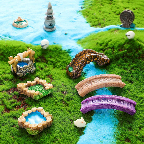 12 Pcs Garden Accessories Miniature Bridge Mini Lighthouse Water Well Bridge Figurines Pond Lawn Garden Ornament Figurines for DIY Craft Garden De...