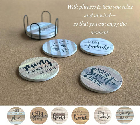 PANCHH Rustic Farmhouse Stone & Cork Coasters for Drinks, Absorbent - Set of 6 Coasters with Holder - Best Housewarming Gifts for New Home Ideas -...