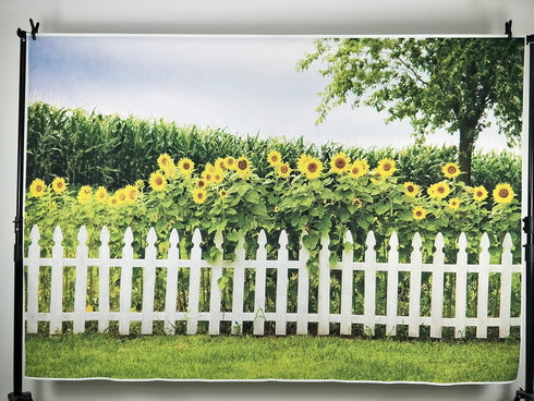 Leyiyi Spring Natural Scenery Backdrop 5x3ft Photography Backdrop Blossoming Yellow Sunflowers Tall Lush Tree White Wooden Textured Fence Family C...