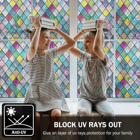 FEOMOS Stained Glass Window Film, Window Privacy Films, Colorful Lattice Window Tint, Rainbow Glass Decals Stickers for Home Anti UV 17.3 x 78.7 i...