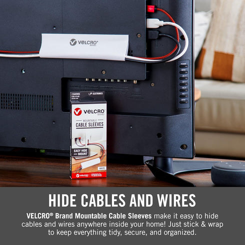 VELCRO Brand Cable Sleeves. Organize Messy Wires on Desk, Behind TV or Game Console. 16-Inch (2x8in) White. Removable Adhesive Mounts to Smooth Su...