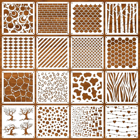 16 pcs Stencils for Crafts Reusable DIY Plastic Stencils Layering Mixed Media Stencils Leopard Scale Trees Ceramic Tile Patterns for Drawing Art F...