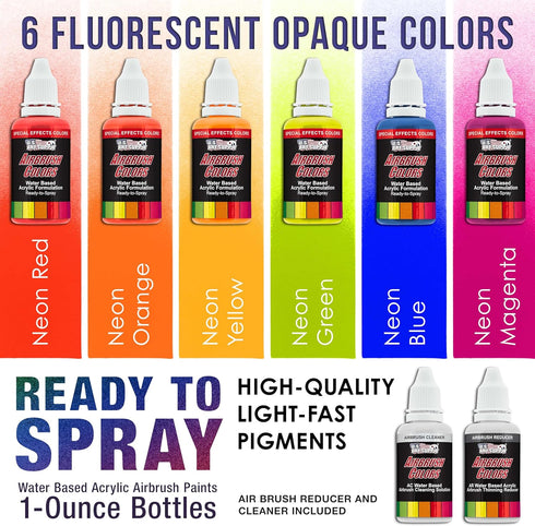 U.S. Art Supply 6 Color Fluorescent Acrylic Neon Colors Airbrush, Leather & Shoe Paint Set with Reducer & Cleaner 1 oz. Bottles...