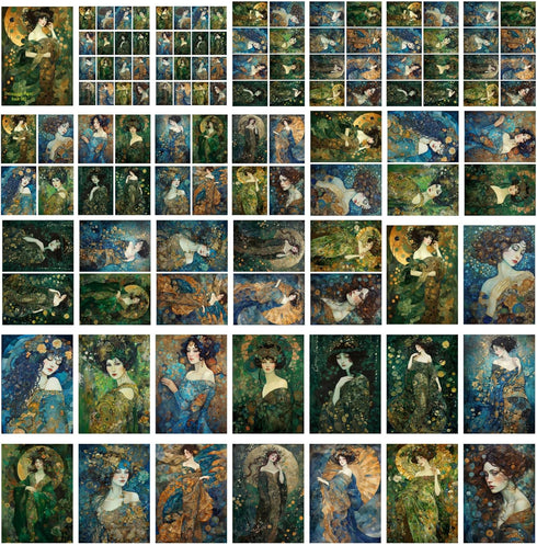 Decoupage Paper Pack (35 Sheets 6"x8") Art Deco Inspired Ladies in Green and Blue Floral Gowns Holding Bouqettes FLONZ Art Nouveau Klimt Vintage I...
