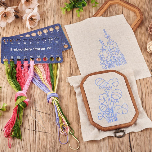 Magibeads 2 Sets Flower Patterns Embroidery Starter Kit for Beginners Hand Embroidery Kit with Embroidery Hoop Floss Fabric Instruction Cross Stit...