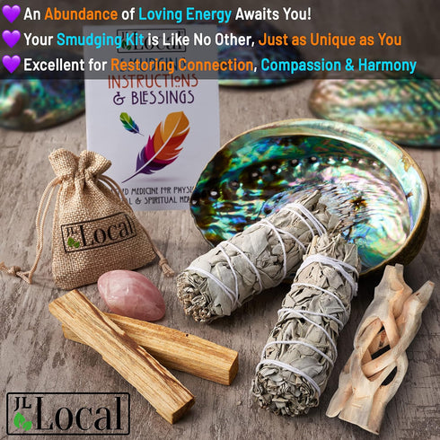 Perfect Unity Smudging Kit - 2 White Sage Smudge Sticks + 2 Palo Santo Sticks + Abalone Shell Bowl + Rose Quartz Crystal | Healing Incense for Cle...