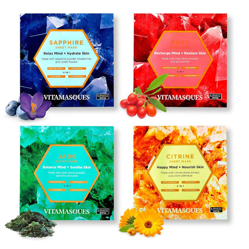 Vitamasques Gemstone Face Sheet Mask Kit, 4-Pack - Sapphire, Jade, Citrine, Ruby Korean Sheet Masks - Therapeutic Masks for Mental and Physical We...