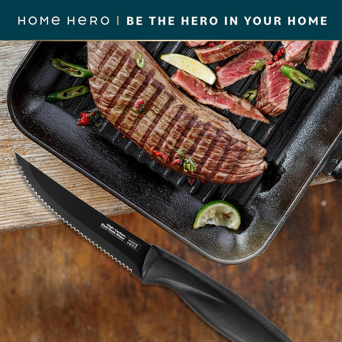 Home Hero Steak Knives, High-Carbon Stainless Steel Knife Set, Ergonomic Handles Serrated Steak Knives (8 Pcs - Black)...