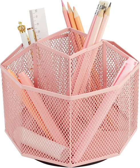 Annova Mesh Desk Organizer Rotate with 5 Compartments Spinning Tidy Candy/Pen Holder Office, Art Supply, Storage, Classroom, Home (Light Pink)...