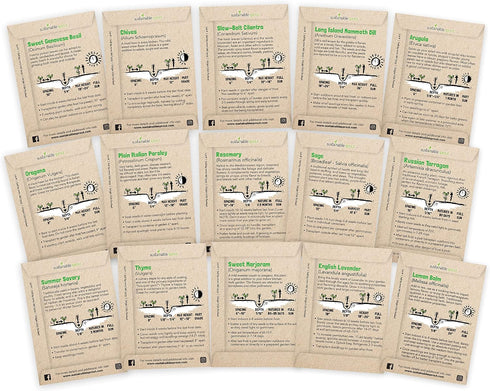 Sustainable Sprout 15 Heirloom Culinary Herb Seeds Variety Pack: Basil,Cilantro, Parsley, Chives,Thyme, Oregano, Dill,Rosemary, Arugula,Tarragon, ...