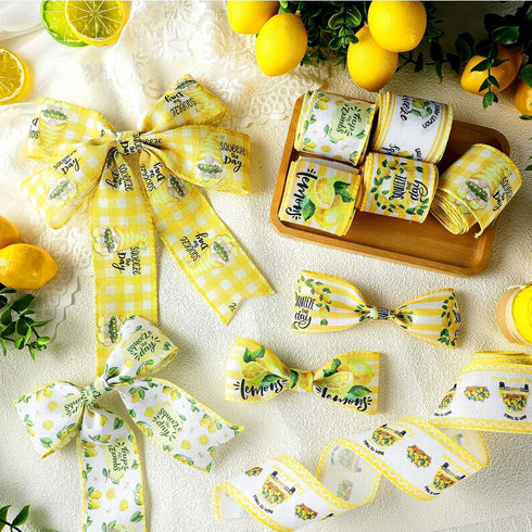 6 Rolls 30 Yards Lemon Wired Edge Ribbon Summer Yellow Lemon Gnome Truck Craft Ribbons Lemon Buffalo Plaid Check Stripe Farmhouse Fabric Ribbon fo...