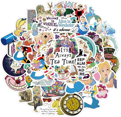 Alice in wonderlan Stickers for Water Bottle, 50pcs Cute Cartoon Waterproof Vinyl Decal for Teen Girl Kids Laptop Luggage Bike Guitar Phone Skateb...