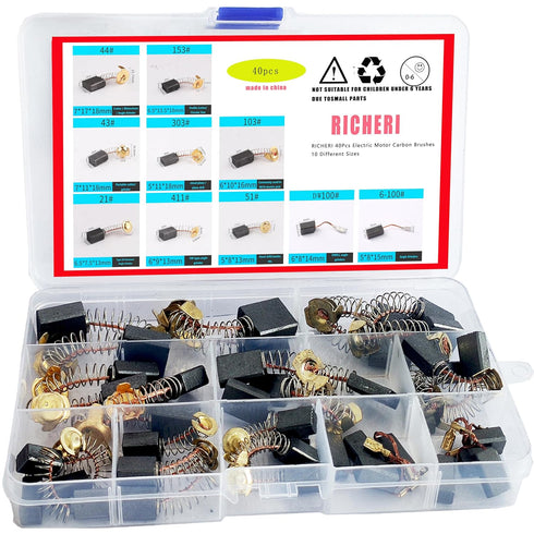 RICHERI 40Pcs Electric Motor Carbon Brushes 10 Different Sizes for Replacement Repair Power Tool Part...