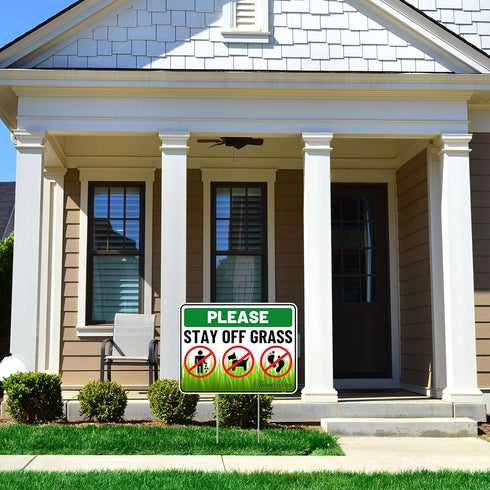 2PC Stay Off Grass Sign with Stake, 17 Inches by 13 Inches - Corrugated Plastic - Keep Off Grass Sign - Dont Walk On Grass Lawn Sign - No Dog Poop...