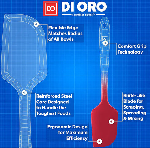 DI ORO - Large Silicone Spatula - 600ºF Heat-Resistant Spatula - Seamless Design - Pro-Grade Non-Stick Silicone Rubber with Reinforced Stainless S...