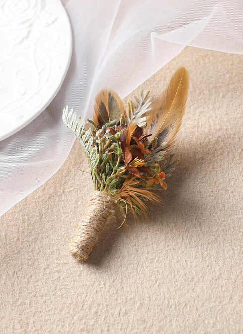 Boho Feather Boutonniere for Men - Handmade Brown Boutonniere for Wedding Rustic Corsage for Groom Groomsmen Anniversary Formal Dinner Party Prom ...