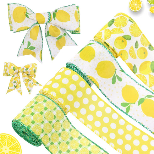 4 Rolls Lemon Wired Edge Ribbons 2.5 Inch x 24 Yards, Polka Dot Ribbon Lemon Stripe Lattice Craft Ribbon for Wrapping, DIY Project, Gift Wrapping,...