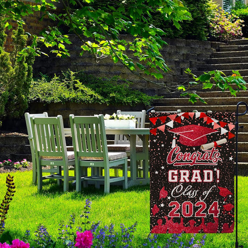 Graduation Garden Flag Class of 2024, Red Congrats Grade Flag for Outside Party Hanging Decorations 12x18 Inch Burlap...
