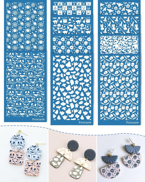 Puocaon Halloween Clay Silk Screen - 10 Pcs Scattered Skull Pumpkin Silk Screen Stencils for Polymer Clay Jewelry, Witch Cat Screen Stencils for P...