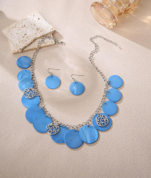Statement Shell Disc Beaded Necklace Big Chunky 18” Necklace and Earrings Set for Women Holiday...