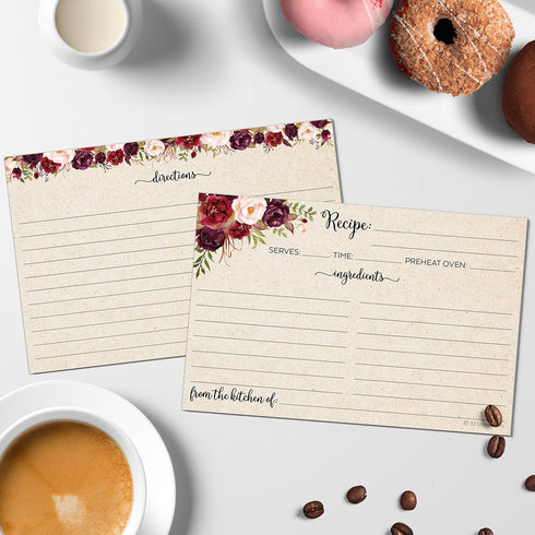 321Done Recipe Cards (Set of 50) Rustic Floral 4" x 6" - Double-Sided for Weddings, Bridal Shower - Made in USA - Large Watercolor Red Roses, Kraf...