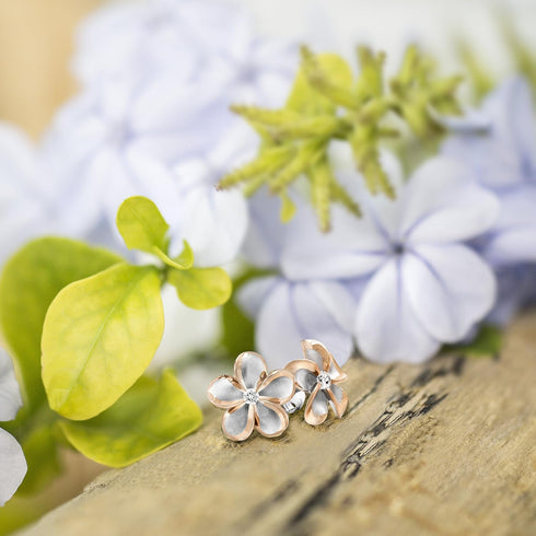 Honolulu Jewelry Company Sterling Silver with 14K Rose Gold Plated Trim CZ Plumeria Flower Nature Stud Earrings, 12mm...