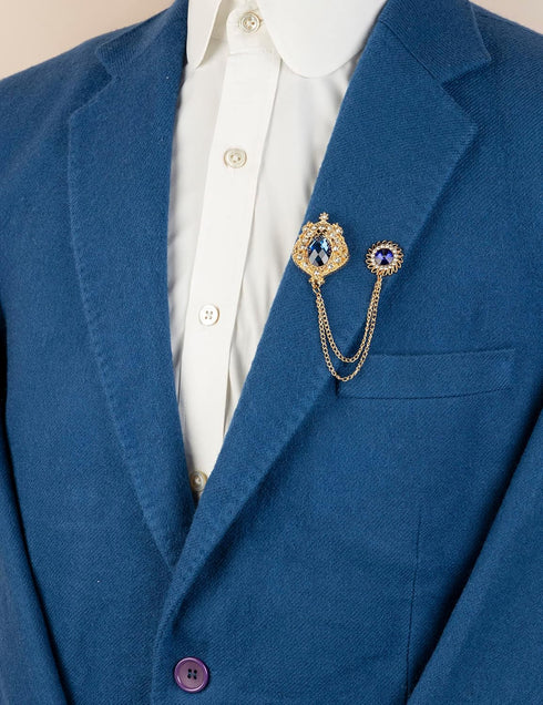 Knighthood Formal Blue Shimmery Stone With Gold Engraving And Hanging Tassel Chain Collar Pin Brooch, Suit Stud, Shirt Studs, Lapel Pin Accessorie...