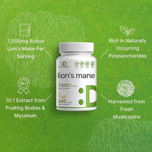 Lions Mane Mushroom Supplement, 7,500*mg Per Serving, 240* Capsules – Active Fruiting Body & Mycelium 10:1 Extract – Natural Brain Nootropic & Imm...