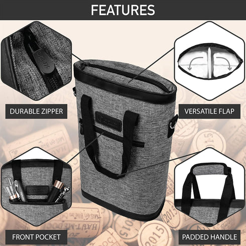 OPUX Two Bottle Wine Bag Carrier Tote, Insulated Leakproof 2 Bottle Wine Cooler Bag for Travel BYOB Picnic, Portable Wine Case, Gift for Men Women...