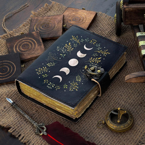 Blank Spell Book of Shadows Journal Moon Phase Printed Witchcraft Supplies Wiccan Notebook Handmade Vintage Deckle Paper Grimoire Journal Leather ...