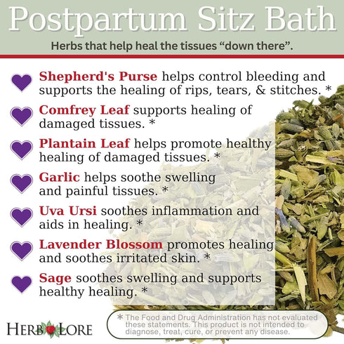 Herb Lore Postpartum Sitz Bath - Herbal Perineal Cleanser & Bath Soak for Hemorrhoids & Damaged Tissues - Use in Spray or Peri Bottle for Postpart...
