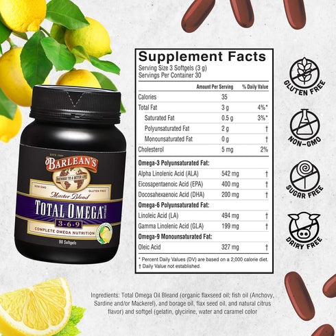 Barlean's Total Omega 3 6 9 Fish Oil Supplement Softgels Blended with Borage and Flaxseed Oil, 1,000 mg Omegas ALA, EPA, DHA and GLA for Joint Sup...