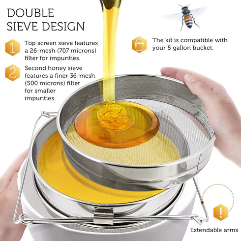 Rural365 Honey Filter, 2 Piece - Honey Extractor Equipment, Honey Bucket Strainer Honey Extractor Stainless Steel Sieve...
