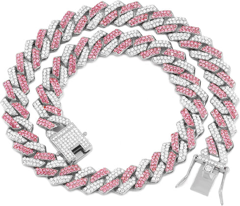 Gold Dog Chain Collar Diamond Cuban Collar Walking Metal Chain Collar with Design Secure Buckle Dog Collars for Medium Large Dogs (18inch, Pink-Si...