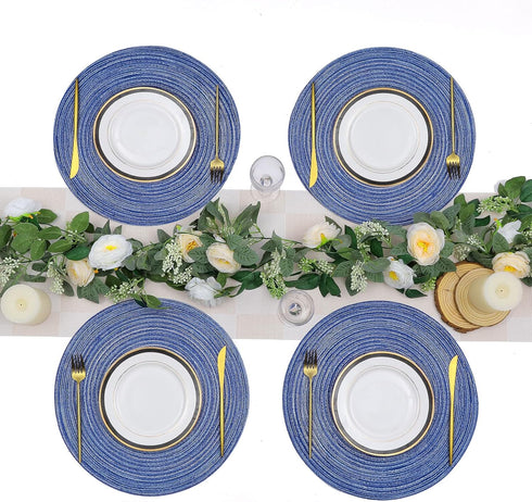 SHACOS Round Braided Placemats 15 inch Set of 6 Washable Kitchen Table Placemats for Home Wedding Party (Blue White, 6)...