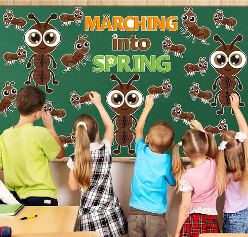 77Pcs Marching Into Spring Bulletin Board Set, Spring Insect Ant Honeycomb Cutouts Classroom Decorations, Hello Spring March Chalkboard Wall Decor...