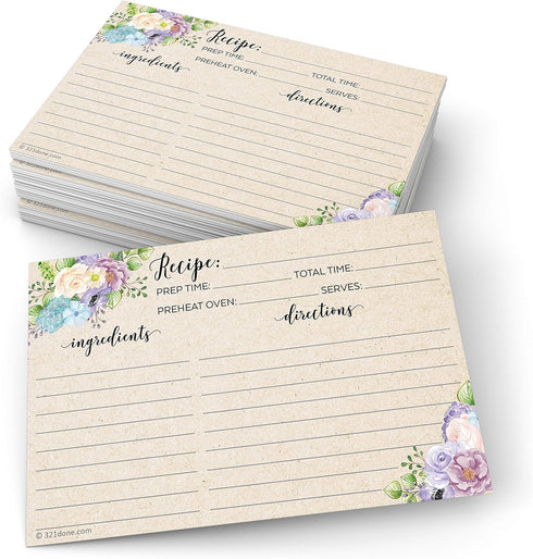 321Done 4x6 Floral Recipe Cards (Set of 50) - Thick Double Sided Premium Card Stock - Made in USA - Watercolor Flowers on Kraft Look, Large Notes ...