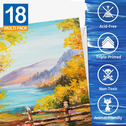 FIXSMITH Canvas Boards for Painting 18 Pack, Multi Pack- 4x4, 5x7, 8x10, 9x12, 11x14 Inches, 100% Cotton Primed Canvas Panels for Acrylic, Oil, Ar...