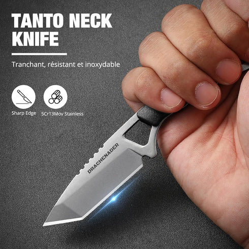 Neck Knife Mini, Small Tanto Neck Knife with Sheath and Necklace, Fulltang Outdoor Mini Knife, Black...