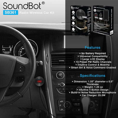 SoundBot SB361 FM Radio Wireless Car Kit Universal Receiver Transmitter Accessory Full Spectrum HD Music Streaming Hands Free Talking LED Display ...