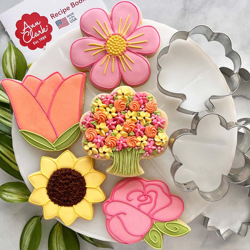 Summer Flowers Cookie Cutters 5-Pc. Set Made in the USA by Ann Clark, Flower, Rose, Sunflower, Tulip, Flower Bouquet...
