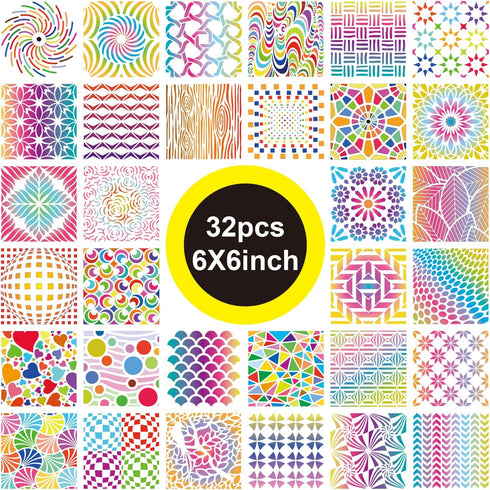 32 Pack Geometric Stencils 6 x 6 Inch Painting Templates for Scrapbooking Cookie Tile Furniture Wall Floor Decor Craft Drawing Tracing DIY Art Sup...