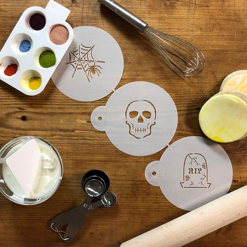 Designer Stencils Scary Halloween Cookie Stencil Set, (Spider Web, Skull, Gravestone), Beige/semi-transparent...