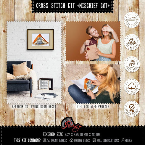Povitrulya Counted Cross Stitch Kit 'Mischief Kitten' DIY Embroidery Set with Counted Gray Tabby Cat Pattern...