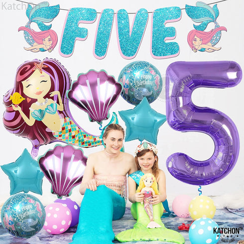 KatchOn Shiny Mermaid 5th Birthday Decorations - Pack of 9 | Mermaid Balloons, Banners, Party Decorations...