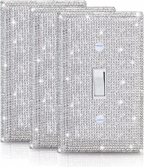 Gaocai 3 Pcs Silver Shiny Silver Rhinestones Light Switch Cover Plate Kitchen Home Decorative Single Toggle Wall Plate Durable Wall Outlet...