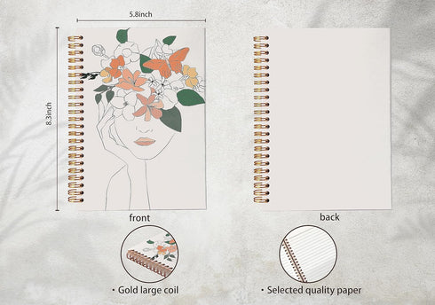 Minimalist Boho Neutral Botanical Flower Woman Girl Line Art Lined Spiral Journal Notebook 8.3×5.5 Inches Hardcover College Ruled Notebook Journal...