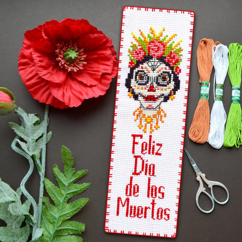 Povitrulya Counted cross Stitch Bookmark Kit 'Feliz Dia de los Muertos!' - DIY Embroidery set for Adults with Paper pattern, 16-count Aida Canvas ...